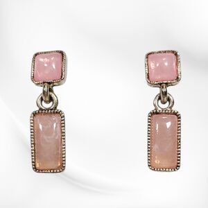 Vintage Earrings Pink Cabochon Drop Silver Tone Dangle Swirl Imitation Stone
